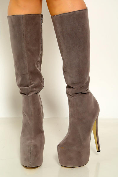 Grey Mid Calf Zip Up Platform Boots - AMIClubwear