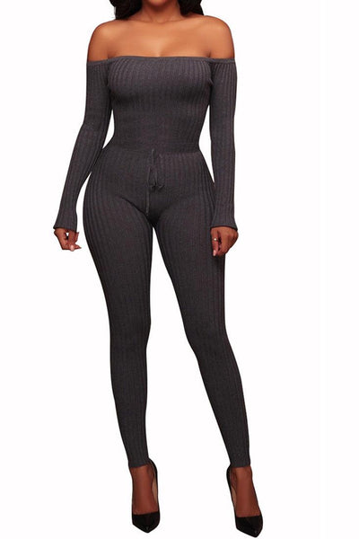 Grey Off Shoulder Ribbed Sexy Jumpsuit - AMIClubwear