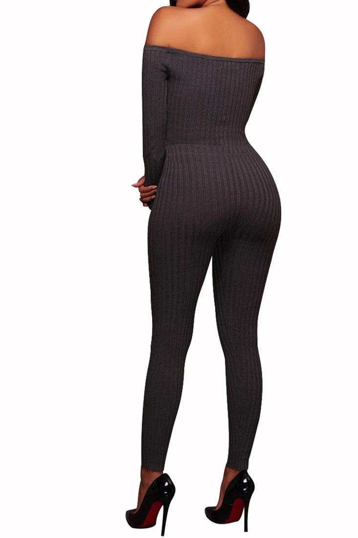 Grey Off Shoulder Ribbed Sexy Jumpsuit - AMIClubwear