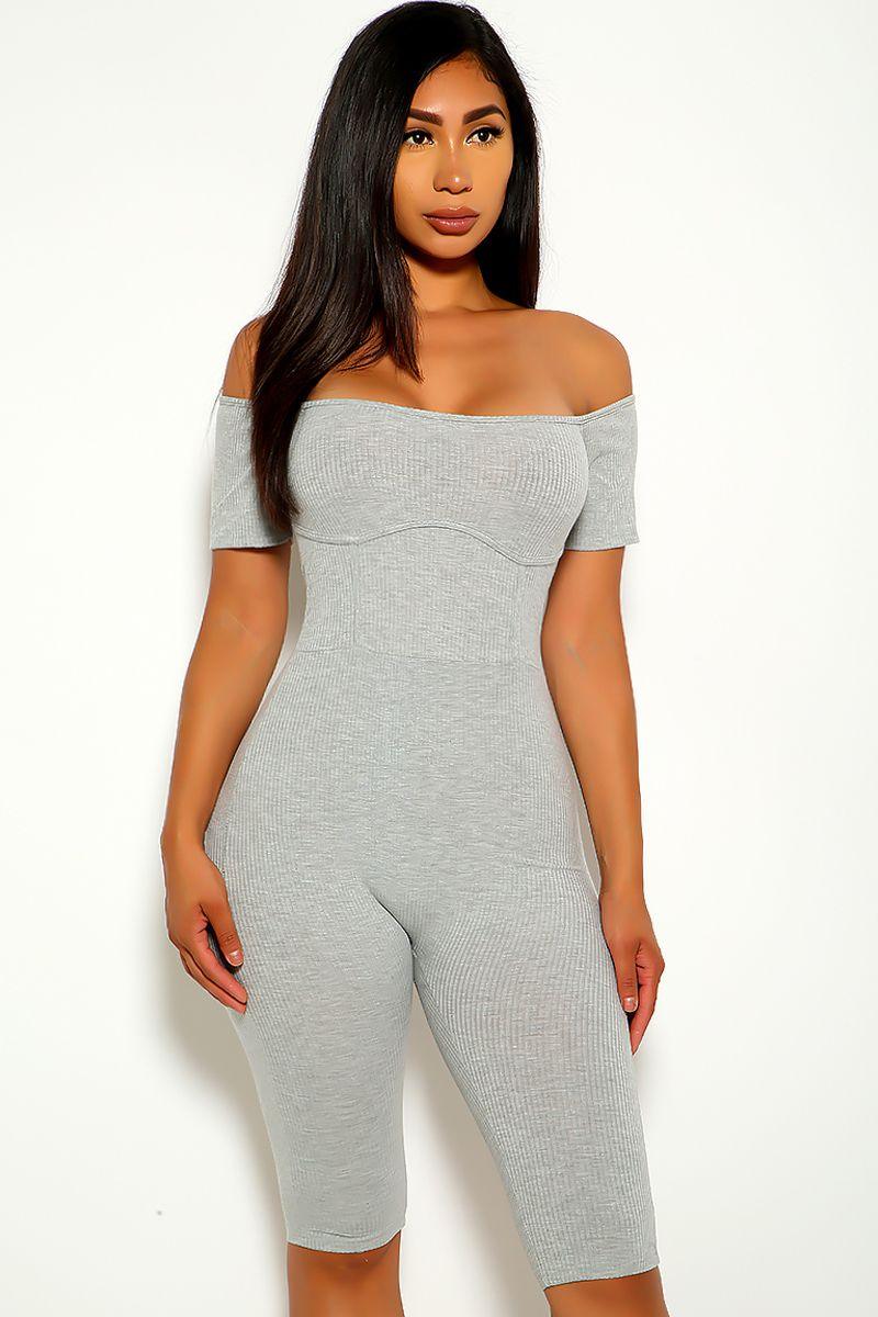 Grey Off the Shoulder Casual Romper - AMIClubwear