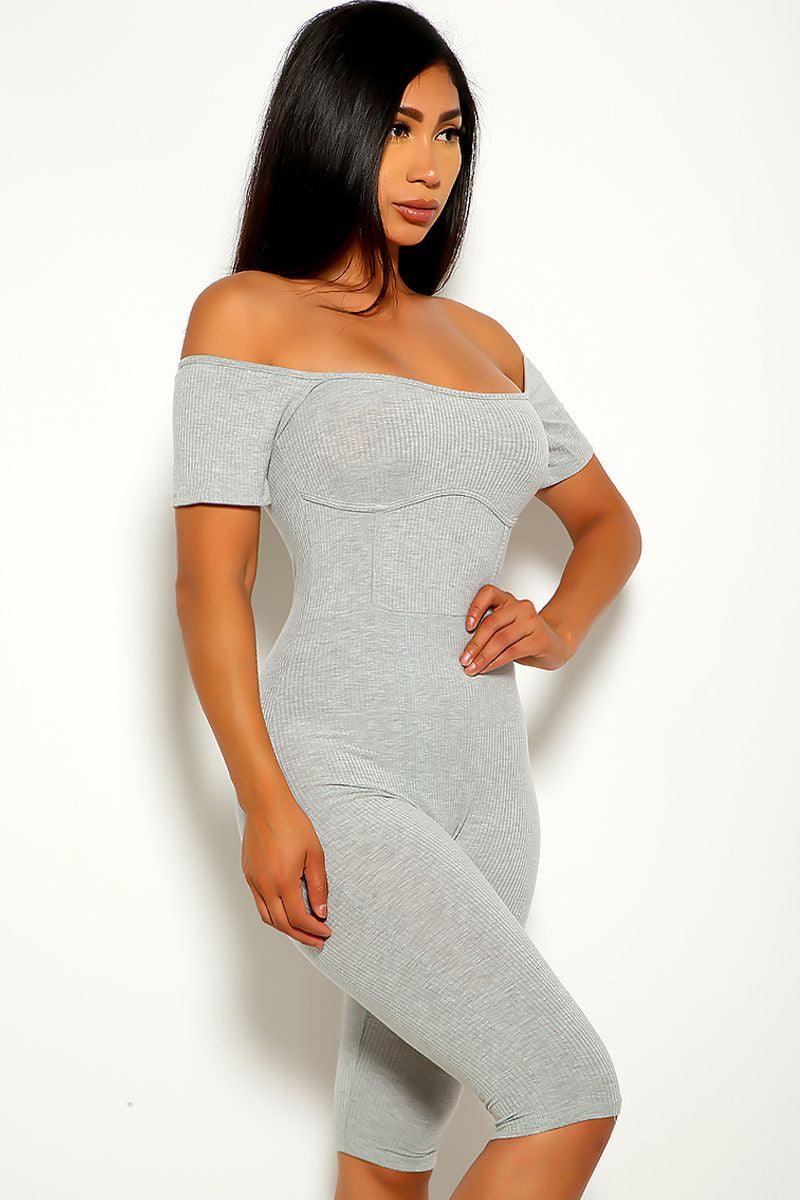 Grey Off the Shoulder Casual Romper - AMIClubwear