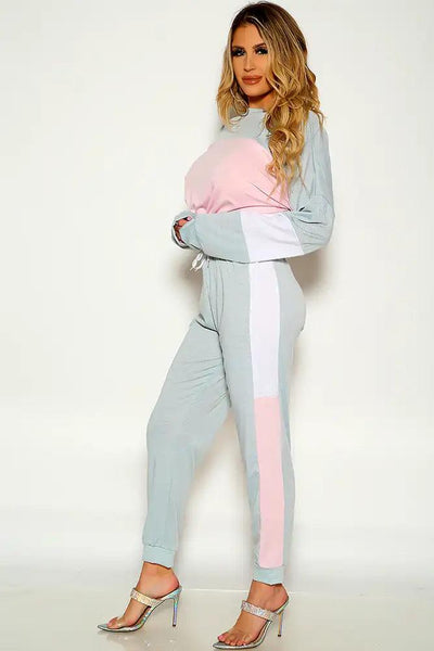 Grey Pink Two Tone Long Sleeve Cropped Two Piece Outfit - AMIClubwear