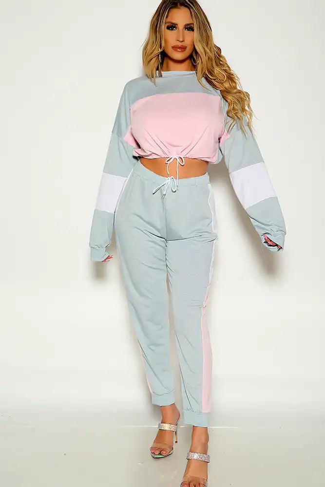 Grey Pink Two Tone Long Sleeve Cropped Two Piece Outfit - AMIClubwear