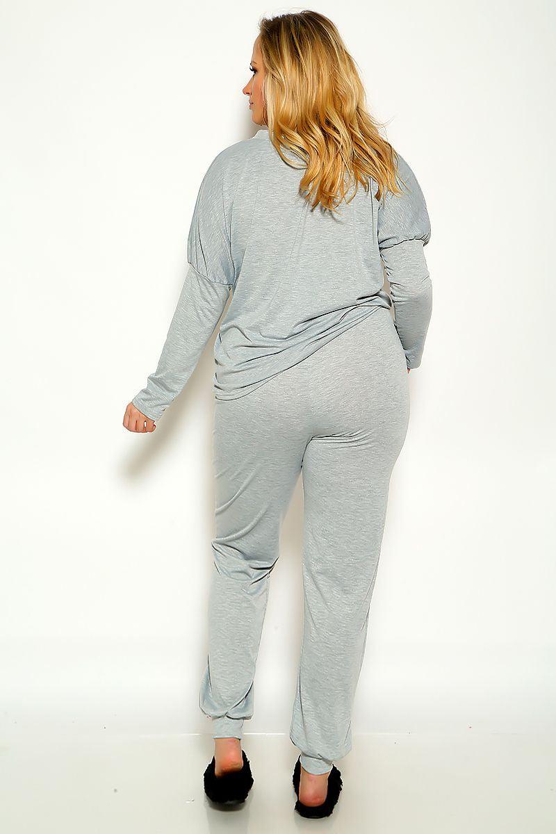 Grey Plus Size Long Sleeve Comfortable Two Piece Lounge Wear Outfit - AMIClubwear
