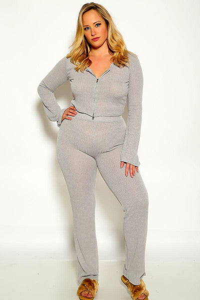 Grey Plus Size Long Sleeve Ribbed Zip Up Two Piece Outfit - AMIClubwear