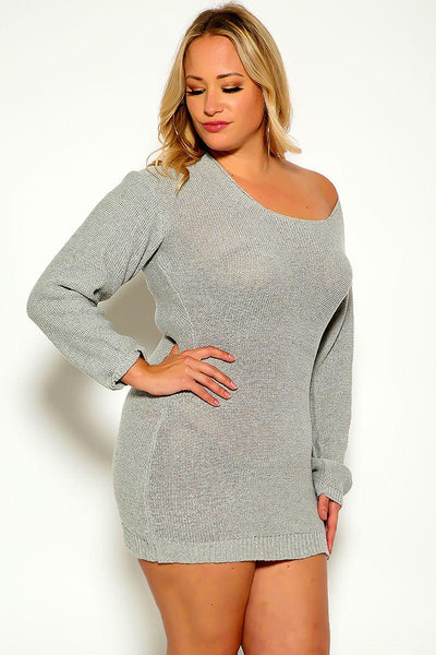 Grey Plus Size Puff Sleeve Knitted Dress - AMIClubwear