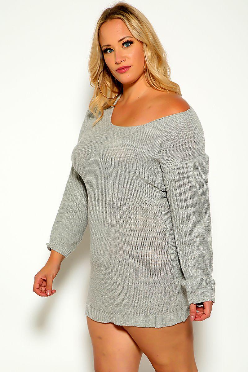 Grey Plus Size Puff Sleeve Knitted Dress - AMIClubwear