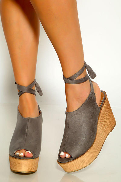 Grey Print Peep Toe Wrap Around Platform Wedges - AMIClubwear