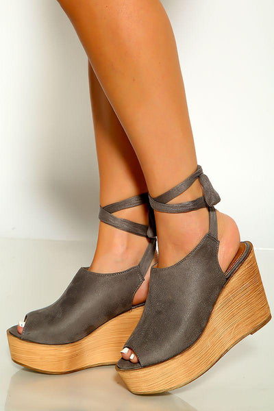 Grey Print Peep Toe Wrap Around Platform Wedges - AMIClubwear