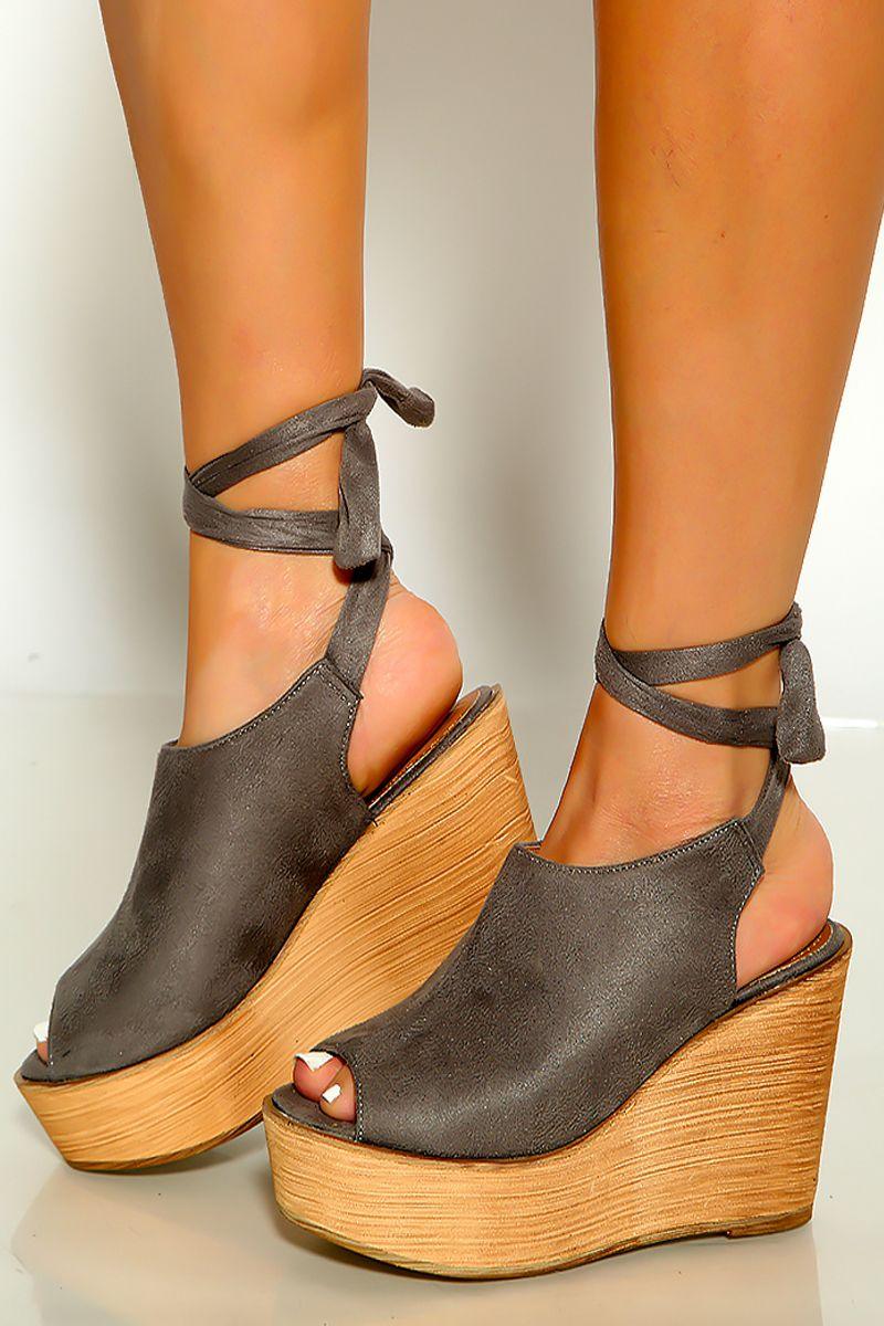 Grey Print Peep Toe Wrap Around Platform Wedges - AMIClubwear