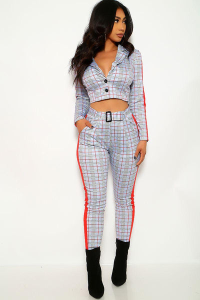 Grey Red Checkered Print Two Piece Outfit - AMIClubwear