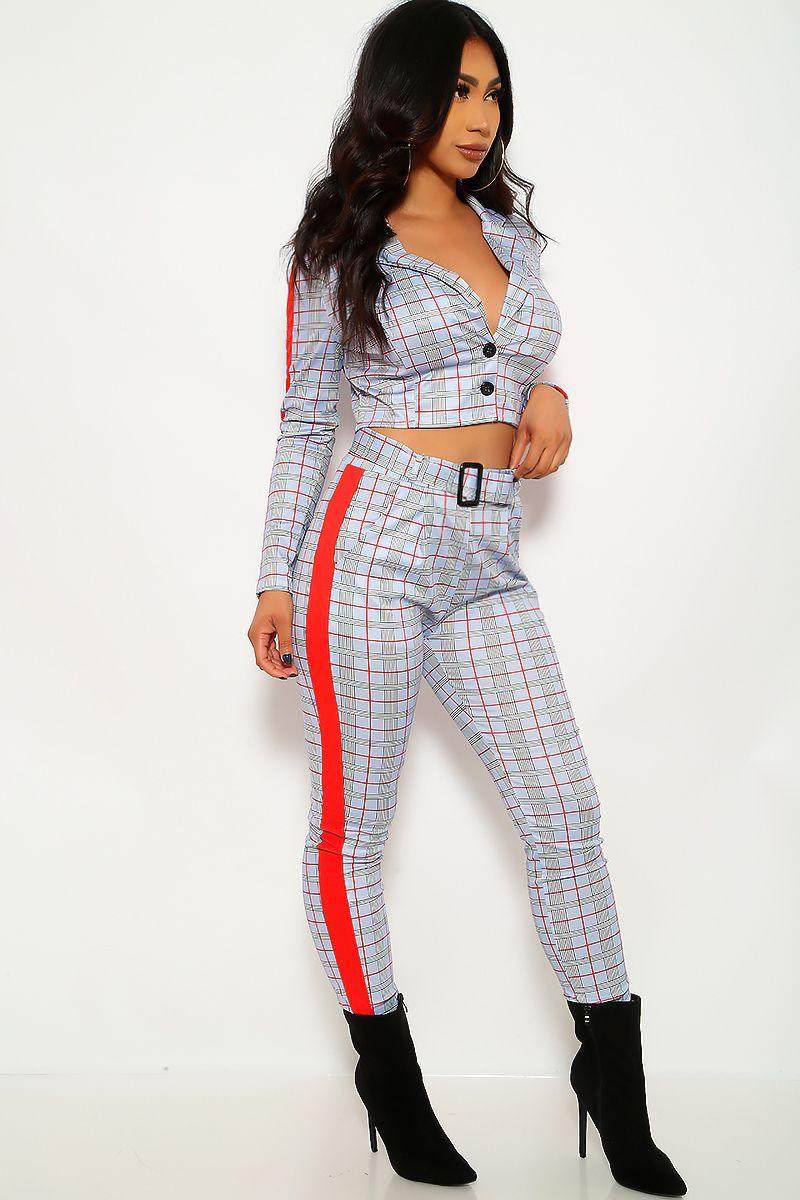 Grey Red Checkered Print Two Piece Outfit - AMIClubwear