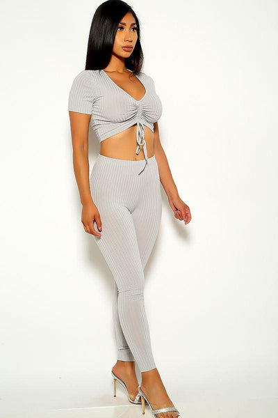 Grey Ribbed Two Piece Outfit - AMIClubwear