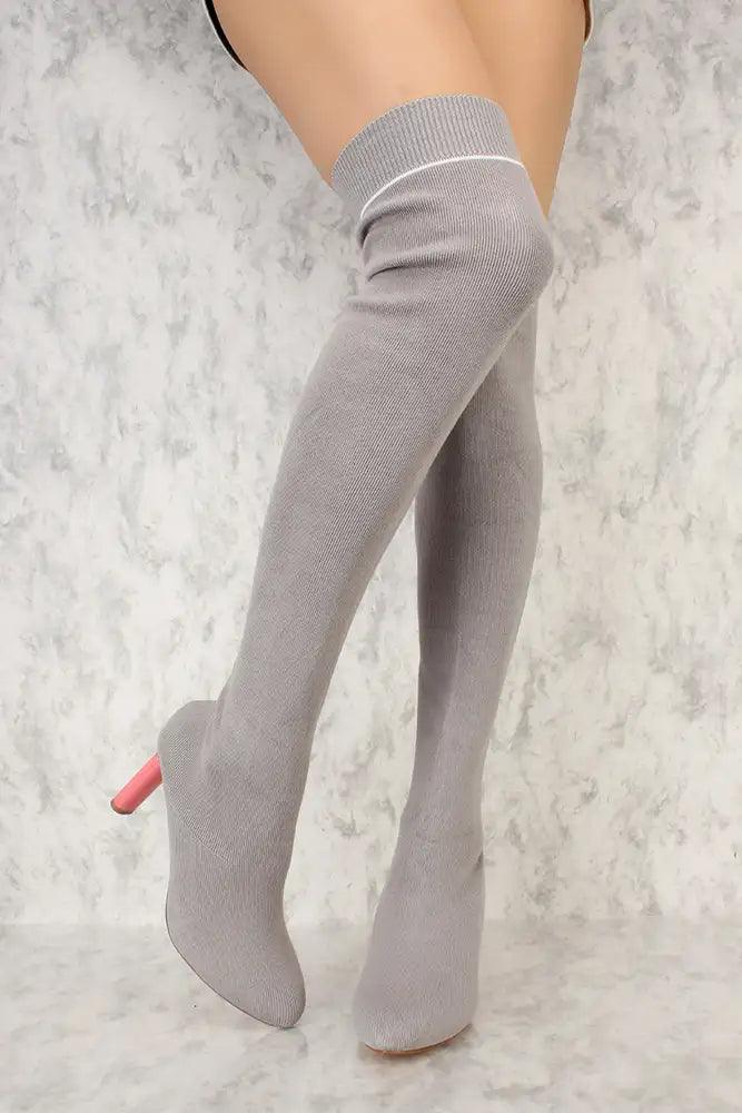 Grey Round Pointy Toe Thigh High Chunky Heel Sock Boots - AMIClubwear