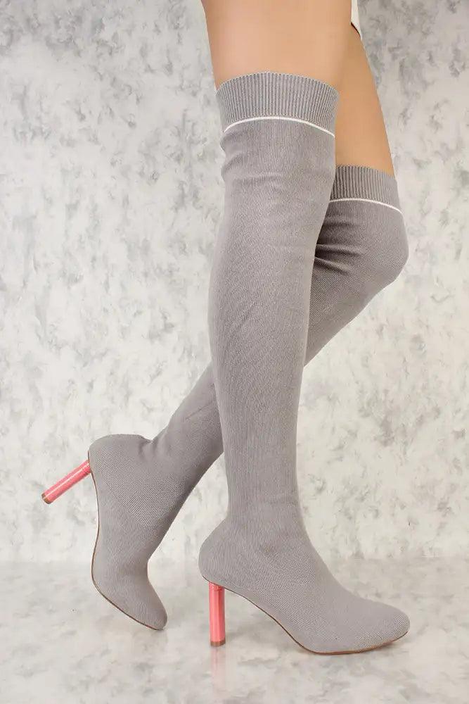 Grey Round Pointy Toe Thigh High Chunky Heel Sock Boots - AMIClubwear