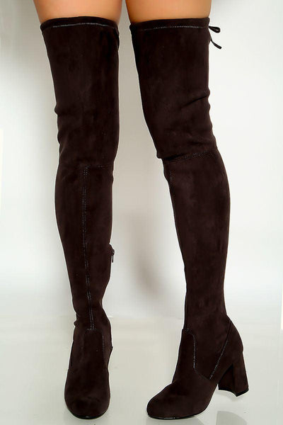 Grey Round Toe Faux Suede Chunky High Heel Thigh High Boots - AMIClubwear