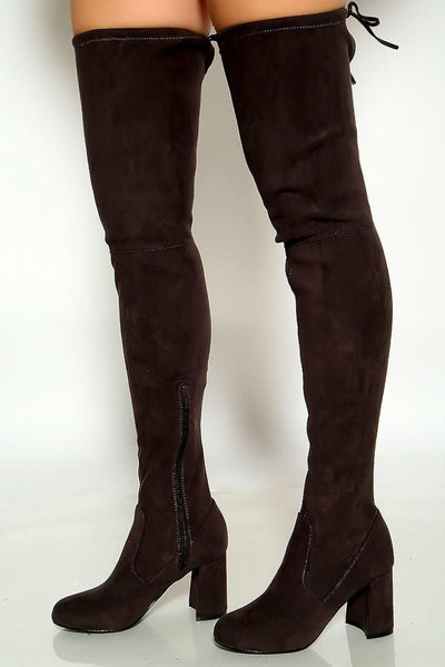 Grey Round Toe Faux Suede Chunky High Heel Thigh High Boots - AMIClubwear