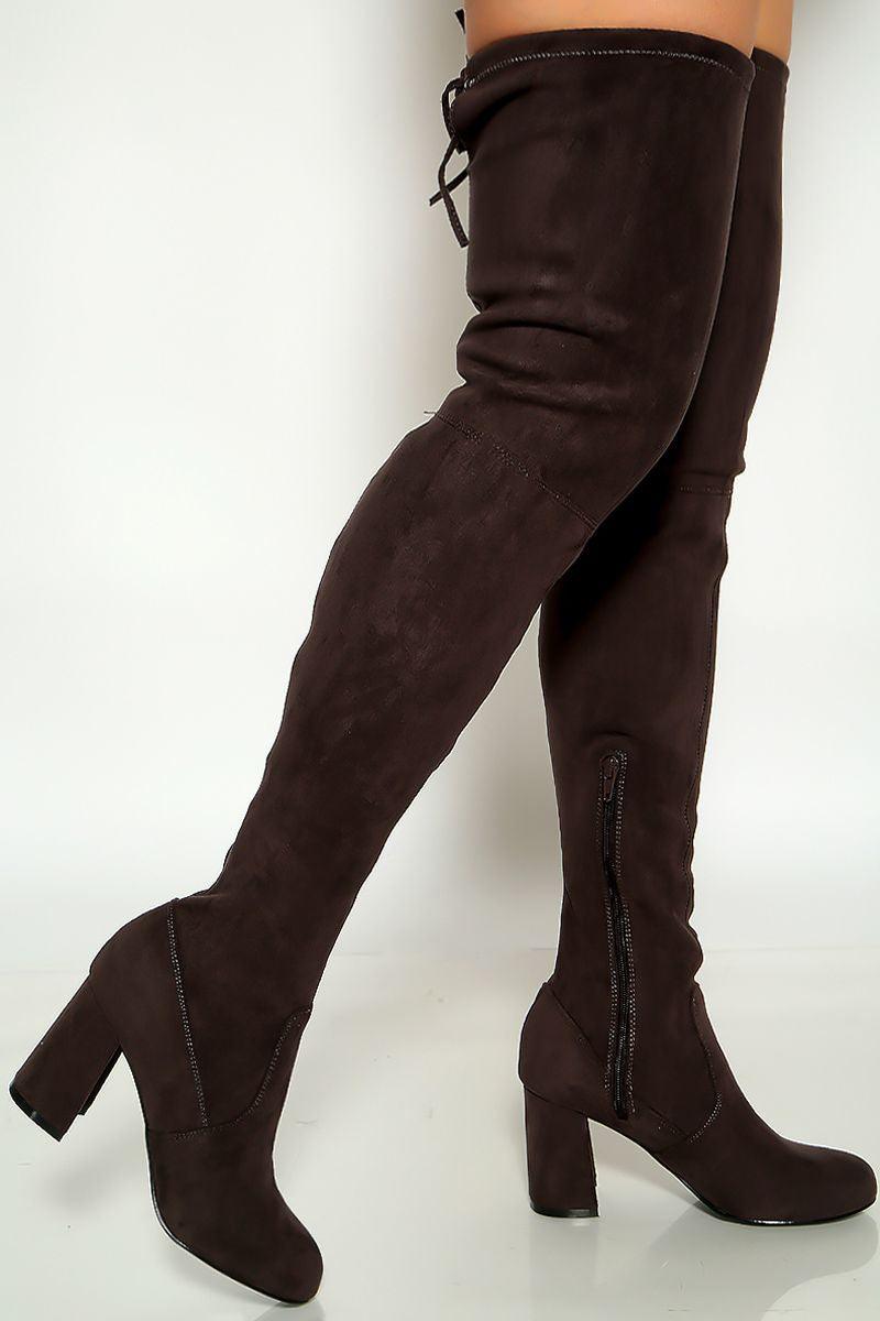 Grey Round Toe Faux Suede Chunky High Heel Thigh High Boots - AMIClubwear