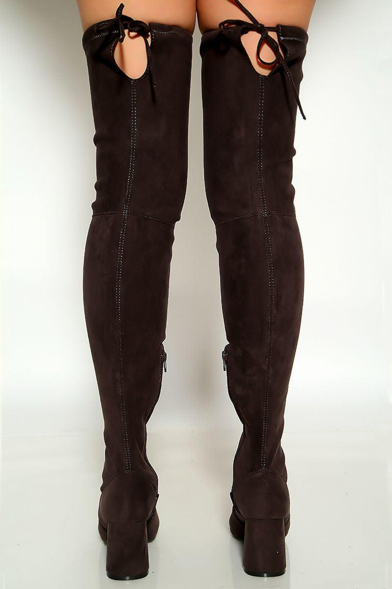 Grey Round Toe Faux Suede Chunky High Heel Thigh High Boots - AMIClubwear