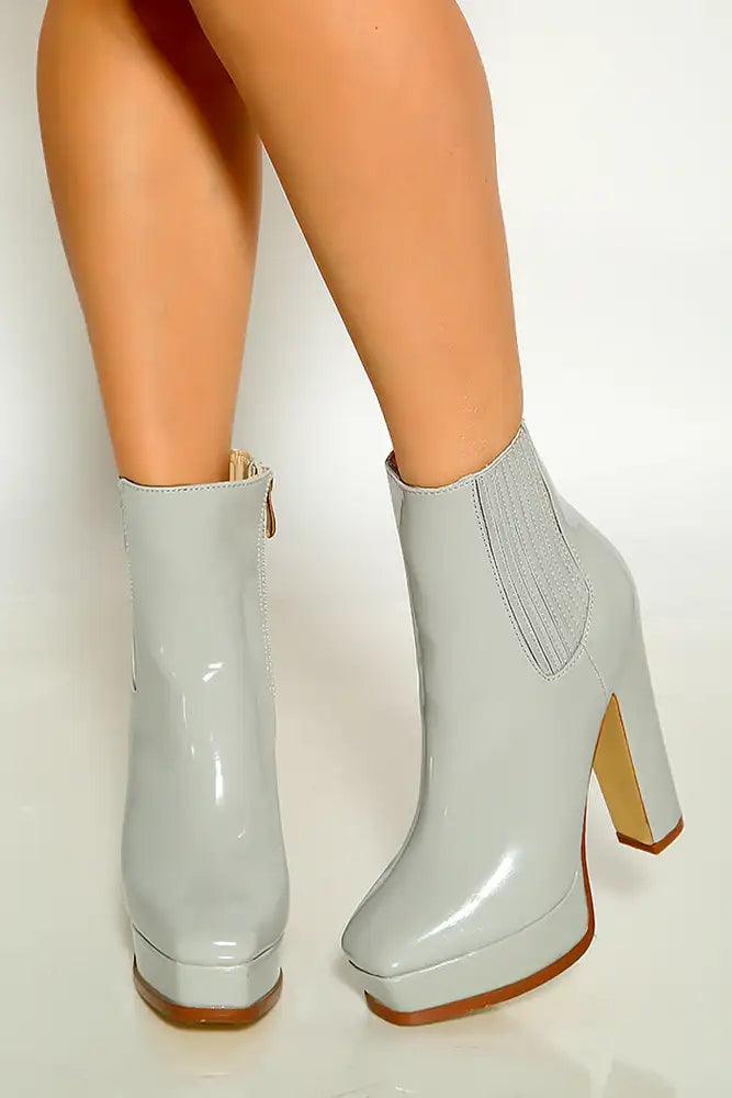 Grey Round Toe Platform Chunky High Heel Booties - AMIClubwear