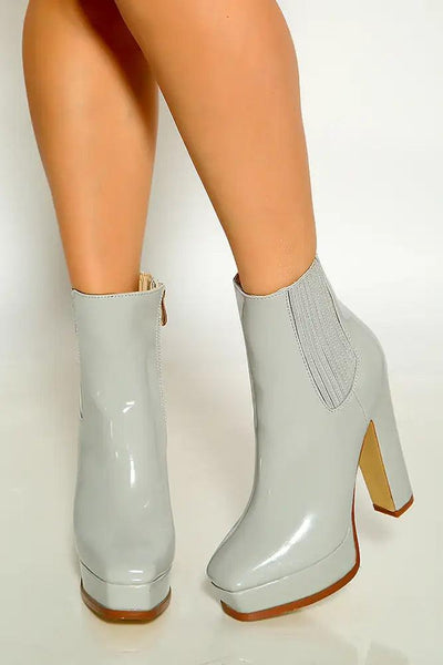 Grey Round Toe Platform Chunky High Heel Booties - AMIClubwear