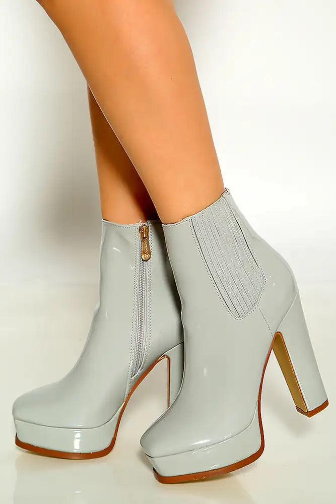 Grey Round Toe Platform Chunky High Heel Booties - AMIClubwear