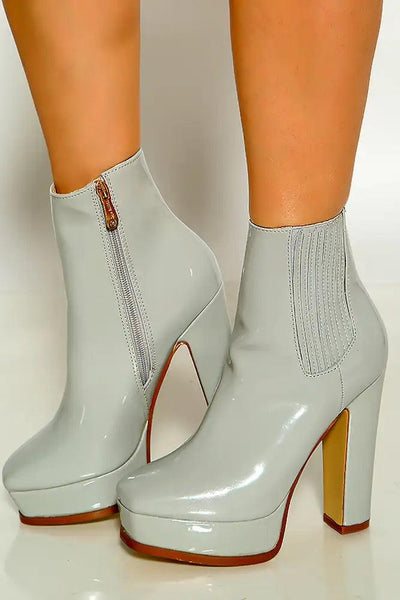 Grey Round Toe Platform Chunky High Heel Booties - AMIClubwear