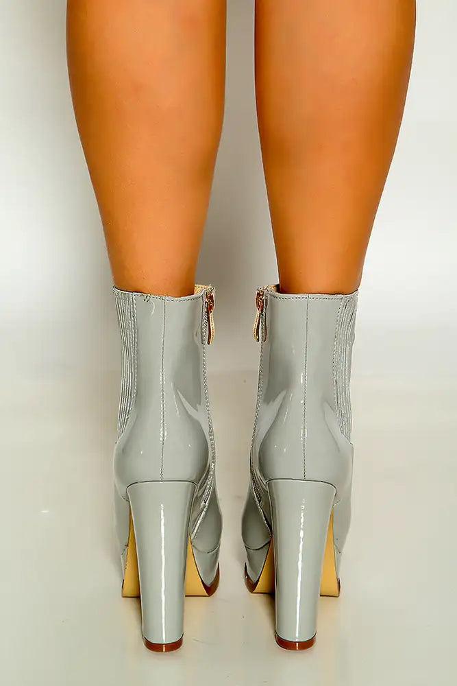 Grey Round Toe Platform Chunky High Heel Booties - AMIClubwear