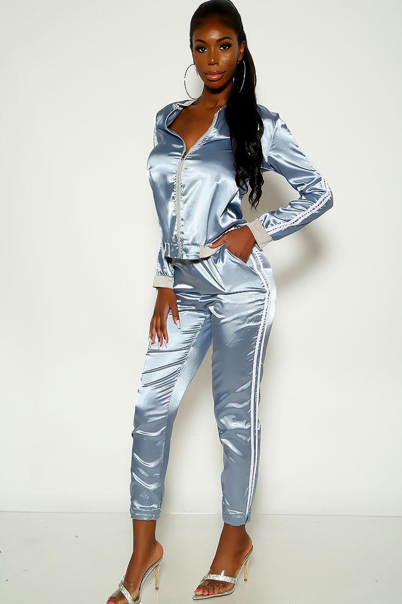 Grey Satin Long Sleeve Two Piece Outfit - AMIClubwear