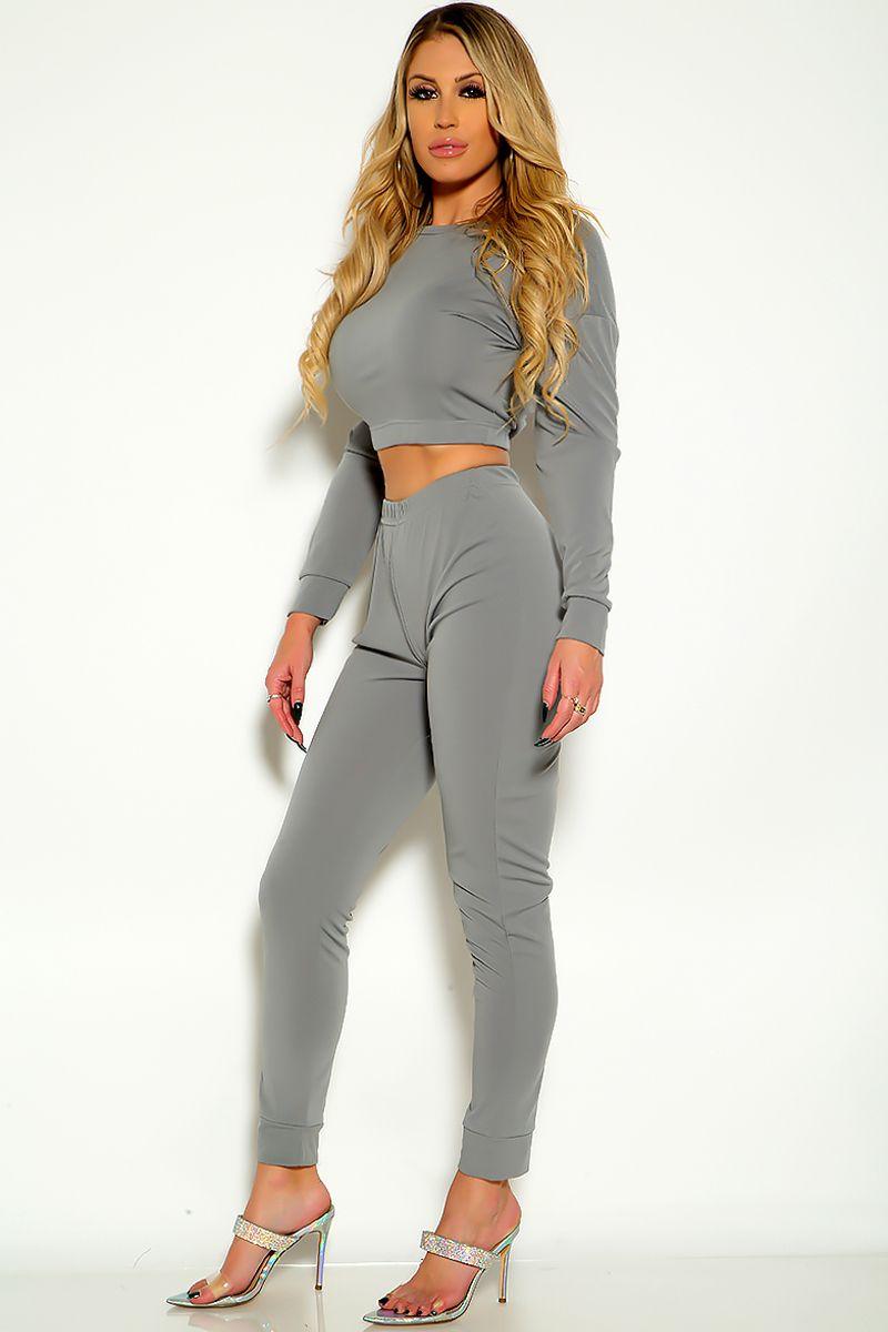 Grey Sexy Long Sleeve Lounge Wear Cozy Two Piece Outfit - AMIClubwear