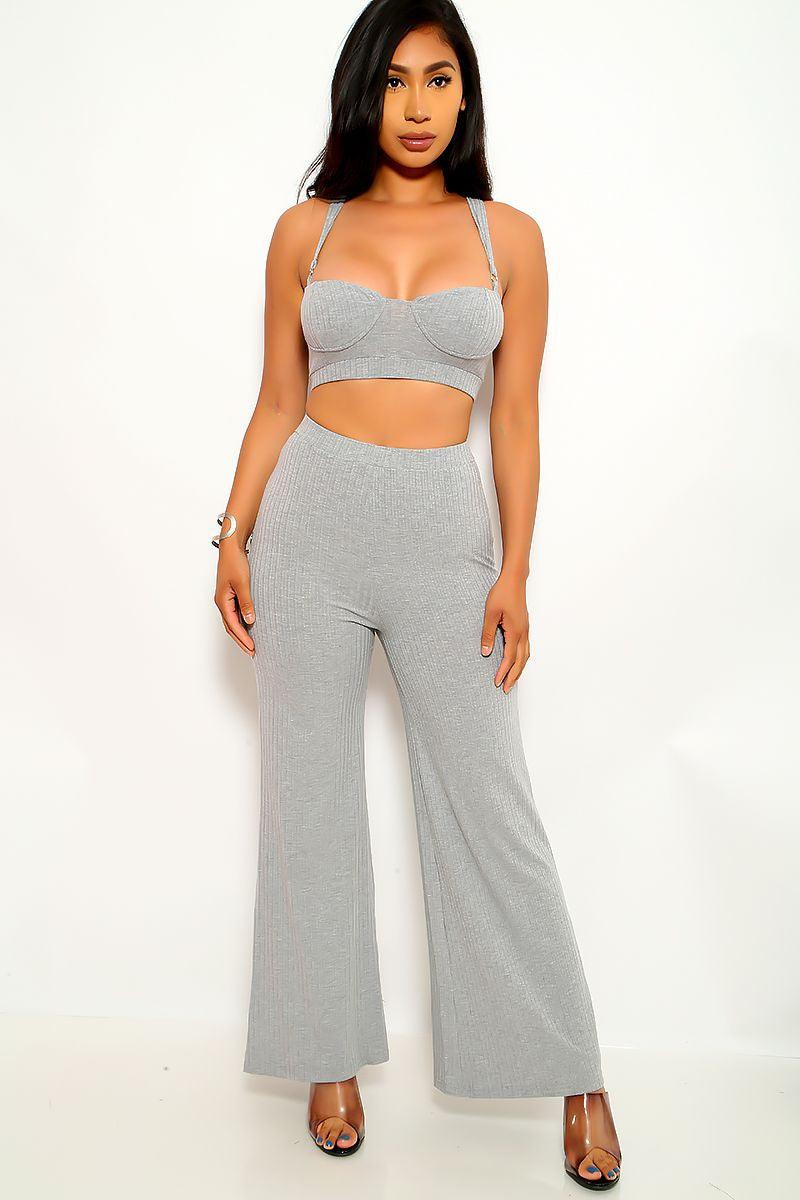 Grey Sleeveless Flared Two Piece Outfit - AMIClubwear