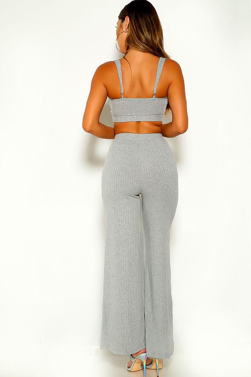 Grey Sleeveless Ribbed Two Piece Outfit - AMIClubwear