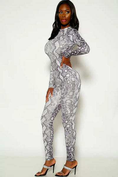 Grey Snake Print Two Tone Long Sleeve Jumpsuit - AMIClubwear