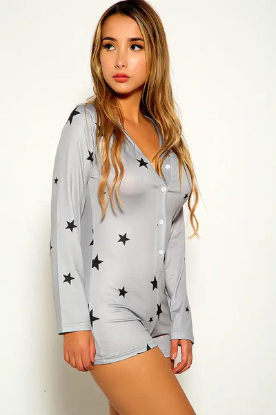 Grey Star Print Button Up Romper - AMIClubwear