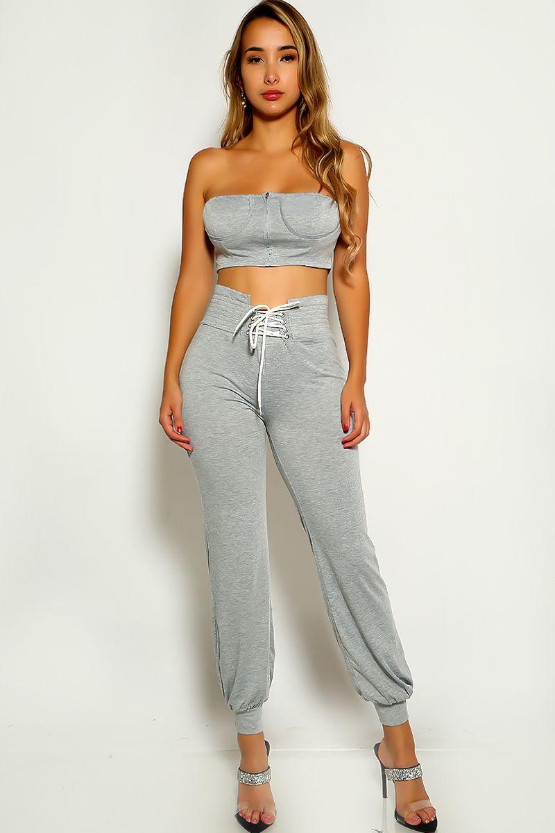 Grey Strapless Two Piece Outfit - AMIClubwear
