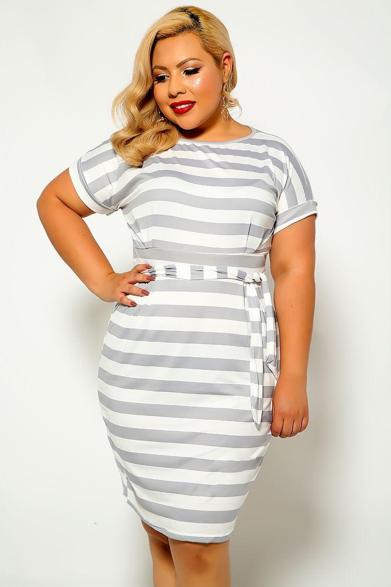 Grey Striped Plus Size Dress - AMIClubwear