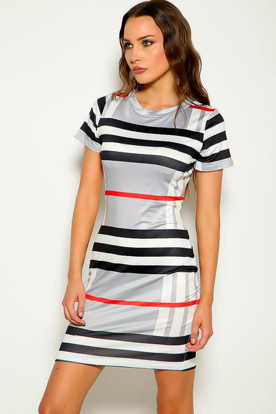 Grey Striped Short Sleeve Casual Dress - AMIClubwear