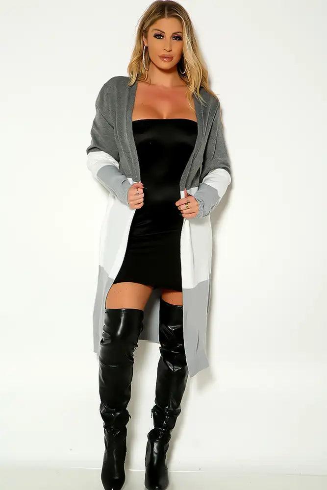 Grey Two Tone Long Sleeve Open Front Cardigan - AMIClubwear