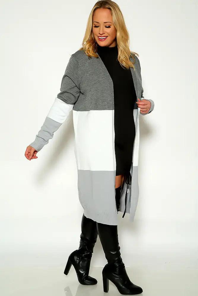 Grey Two Tone Long Sleeve Plus Size Open Front Cardigan - AMIClubwear