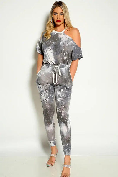 Grey White Short Sleeve Cold Shoulder TWo Piece Loungewear Outfit - AMIClubwear