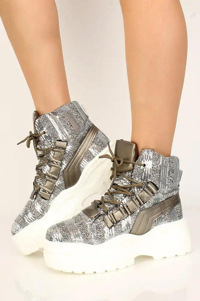 Gunmetal White Sequin Platform Sneakers - AMIClubwear