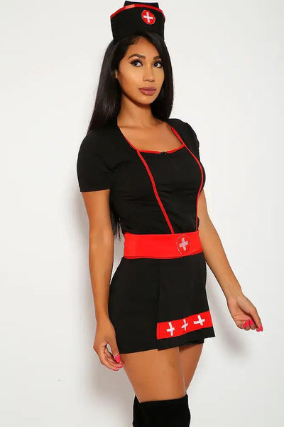 Halloween Black Red Sexy 4Pc Nurse Costume - AMIClubwear