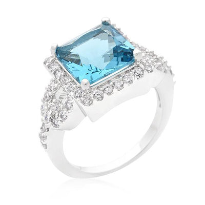 Halo Style Princess Cut Aqua Blue Cocktail Ring - AMIClubwear