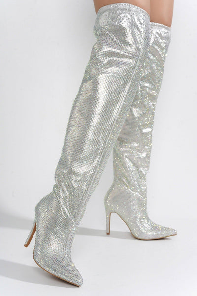 HELOMA - SILVER Thigh High Boots - AMIClubwear