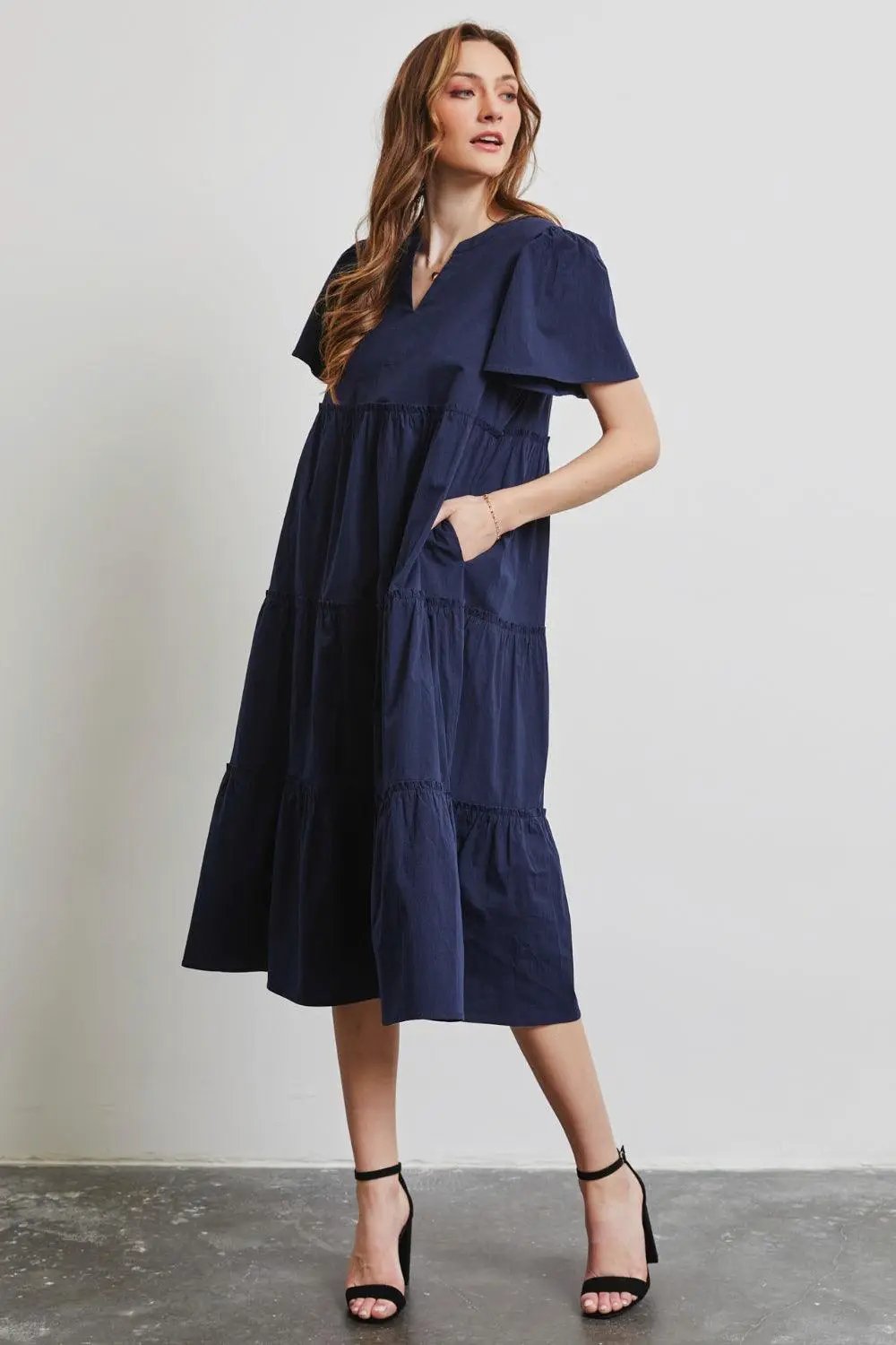 HEYSON Full Size Cotton Poplin Ruffled Tiered Midi Dress