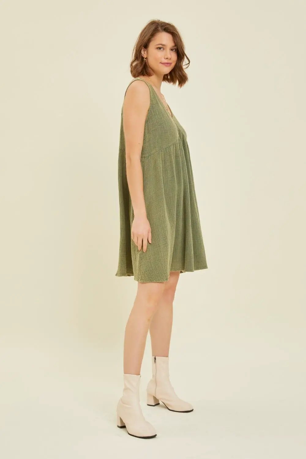HEYSON Full Size Texture V-Neck Sleeveless Flare Mini Dress