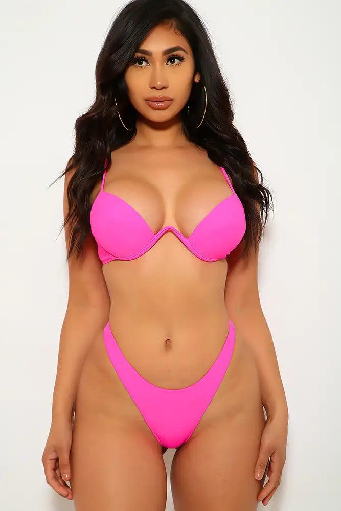 Hot Fuchsia V-Wire Padded Two Piece Sexy Swimsuit - AMIClubwear