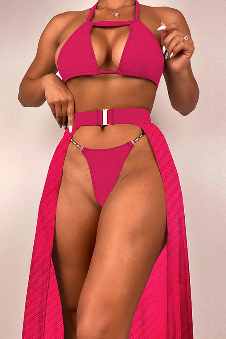 Hot Pink Gold Chain Accent 3pc Sexy Swimsuit - AMIClubwear