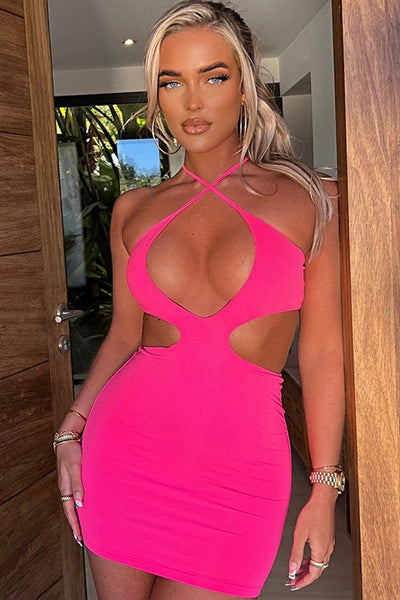 Hot Pink Halter Tie Sexy Party Dress - AMIClubwear