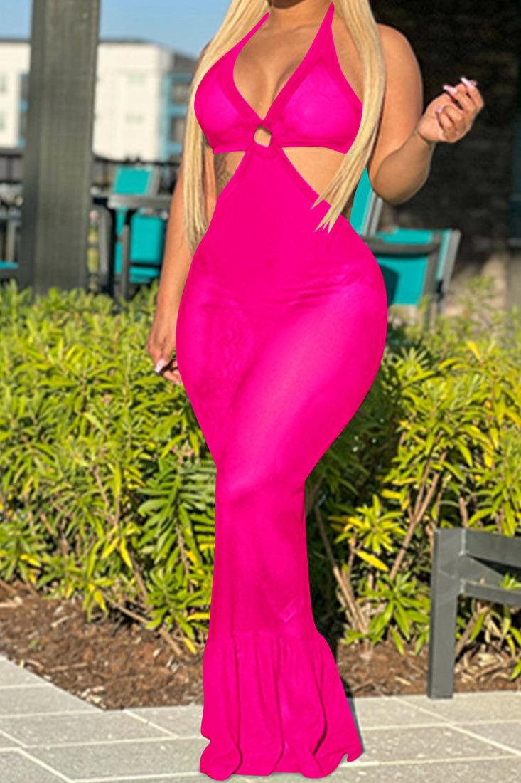 Hot Pink Mesh Sleeveless O-Ring Maxi Party Dress - AMIClubwear